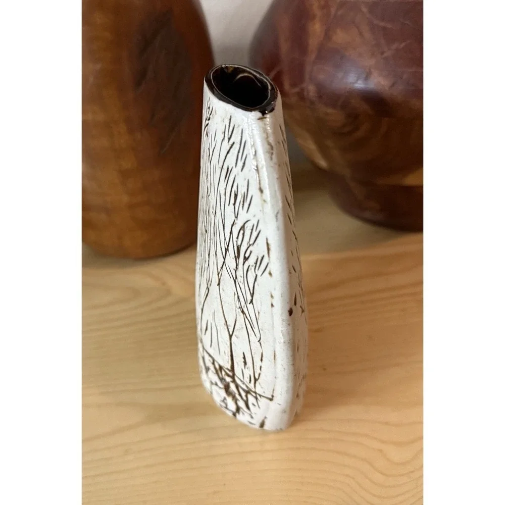 Vintage Tenmoku Handmade Vase Branch Design Flat Oval Shaped 6